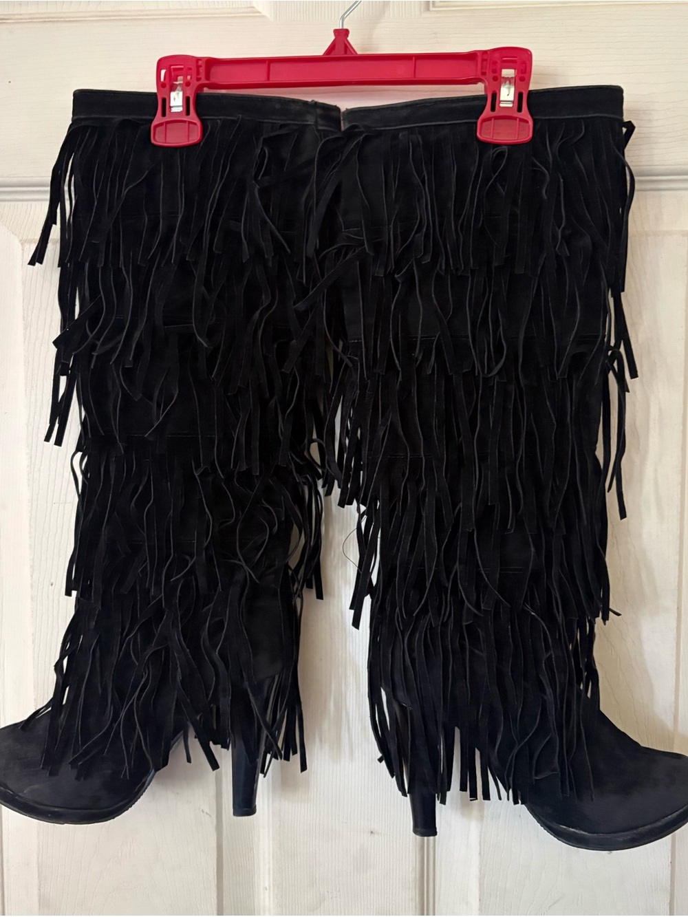 Fringe Suede Knee-High Boots - Black